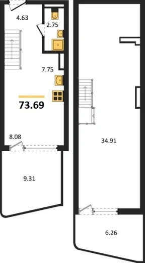Квартира 1-комн. 73.69 кв. м