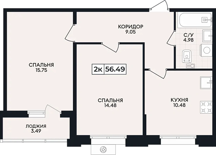 Квартира 2-комн. 56.49 кв. м