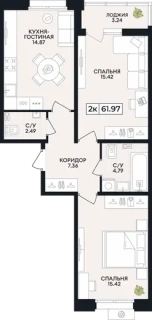 Квартира 2-комн. 61.97 кв. м