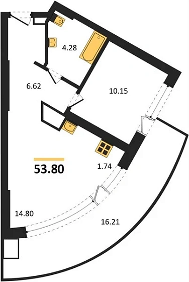 Апартаменты 1-комн. 53.8 кв. м