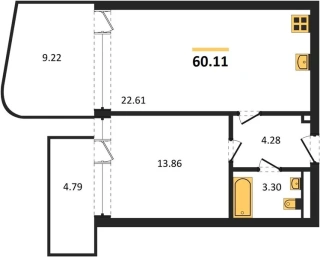 Апартаменты 1-комн. 60.11 кв. м