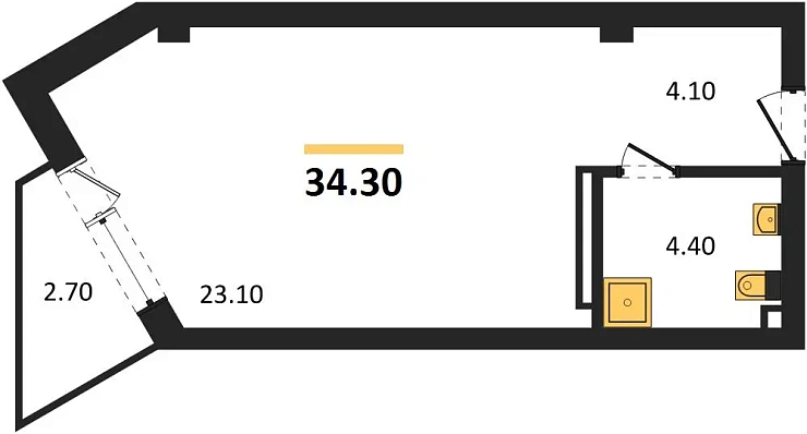 Апартаменты 1-комн. 34.3 кв. м