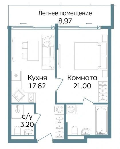 Апартаменты 2-комн. 50.79 кв. м