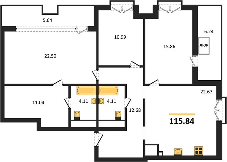 Квартира 3-комн. 115.84 кв. м