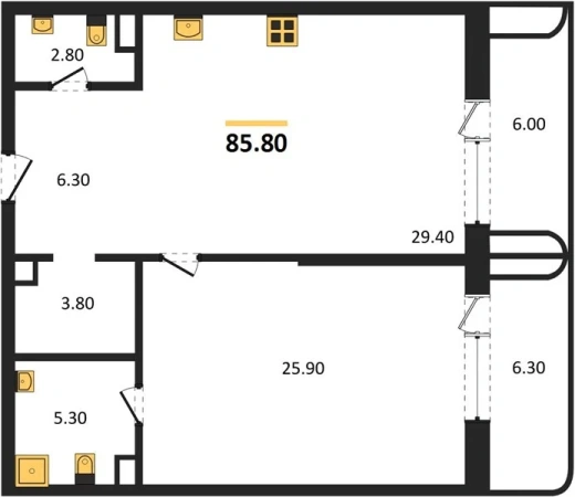 Квартира 1-комн. 85.8 кв. м