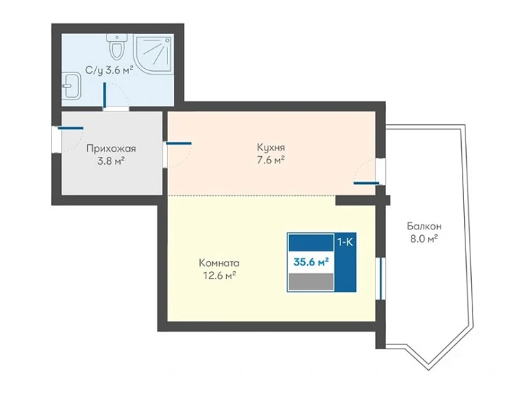 Квартира Студия 35.6 кв. м