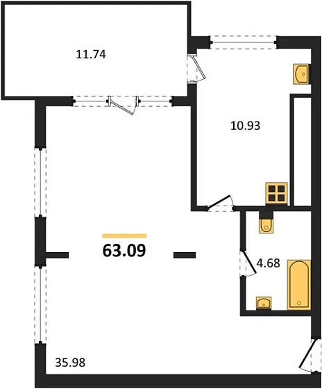 Квартира 1-комн. 63.09 кв. м