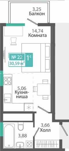 Квартира 1-комн. 30.59 кв.м