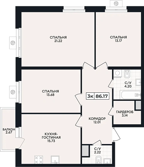 Квартира 3-комн. 86.17 кв. м