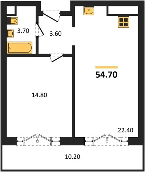 Апартаменты 1-комн. 54.7 кв. м