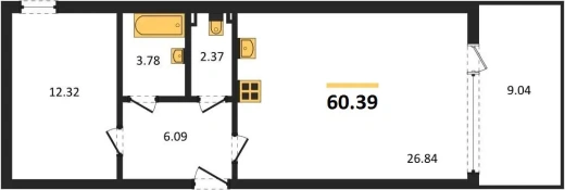 Квартира 1-комн. 60.39 кв. м