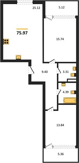 Квартира 2-комн. 75.97 кв. м