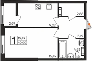 Квартира 1-комн. 40 кв. м