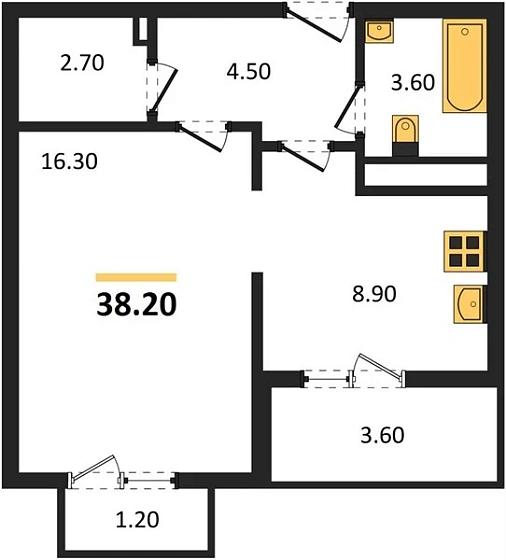 Квартира 1-комн. 38.2 кв. м