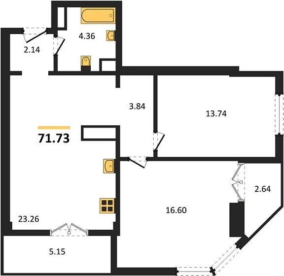 Квартира 2-комн. 71.73 кв. м