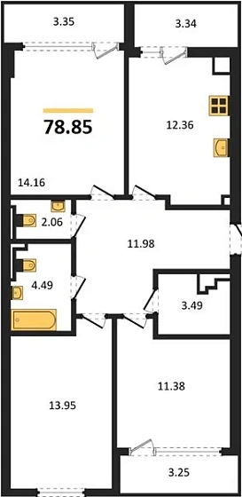 Квартира 3-комн. 78.85 кв. м