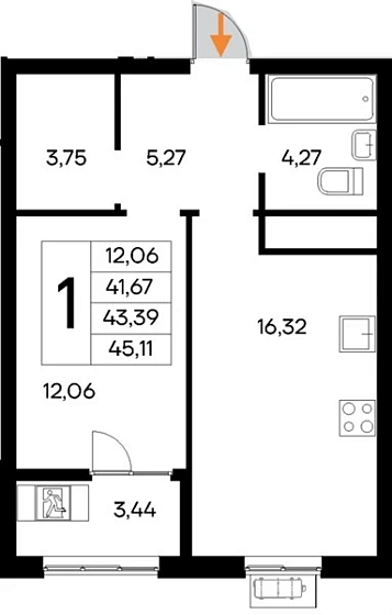 Квартира 1-комн. 45.11 кв. м