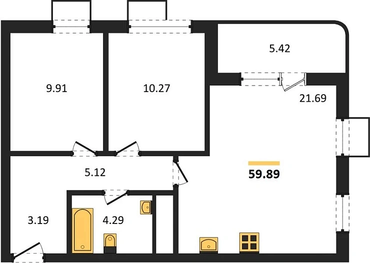 Квартира 2-комн. 59.89 кв. м