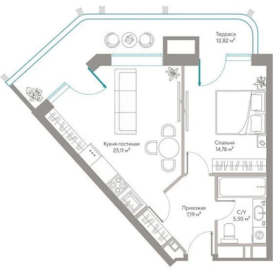 Квартира 1-комн. 63.38 кв. м