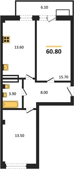 Квартира 2-комн. 60.8 кв. м
