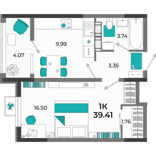 Квартира 1-комн. 39.41 кв. м