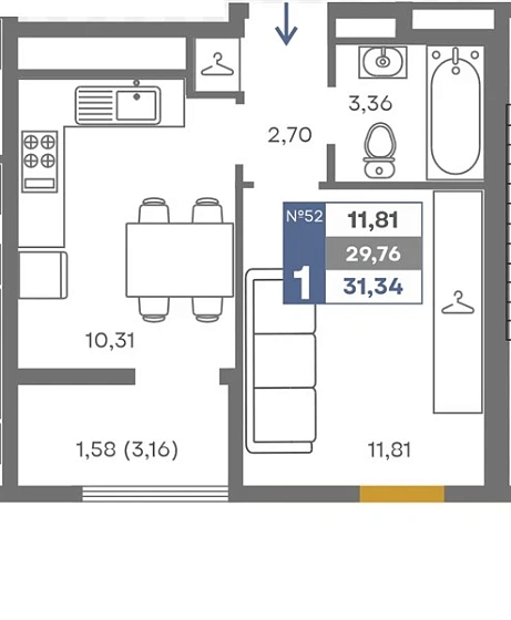 Квартира 1-комн. 29.76 кв. м
