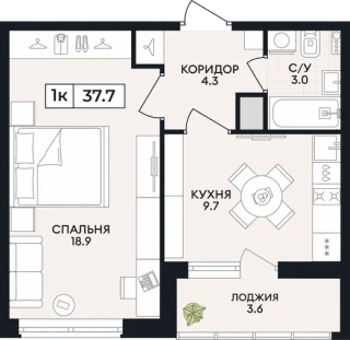 Квартира 1-комн. 37.7 кв. м