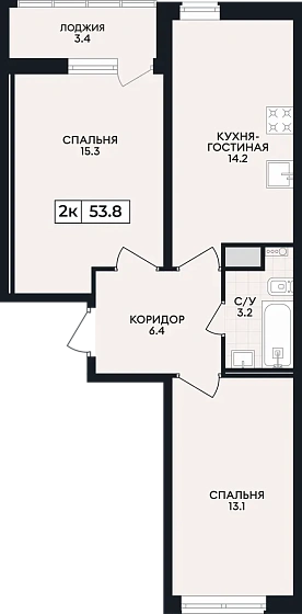 Квартира 2-комн. 53.8 кв. м