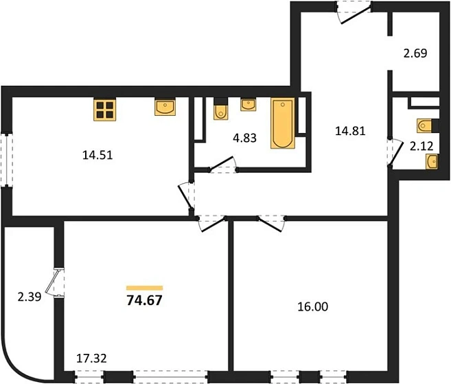 Квартира 2-комн. 74.67 кв. м