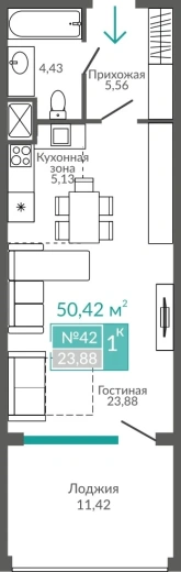 Апартаменты 1-комн. 50.42 кв.м