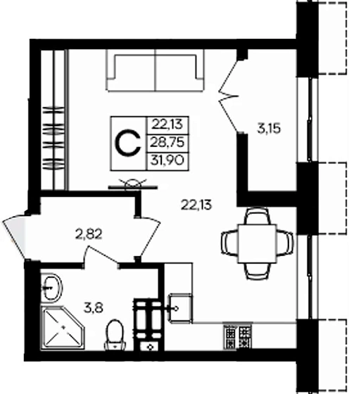 Квартира Студия 31.9 кв. м