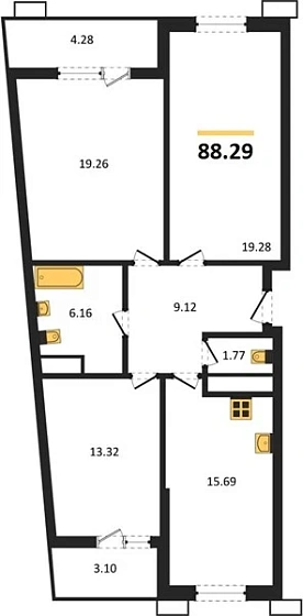 Квартира 3-комн. 88.29 кв. м