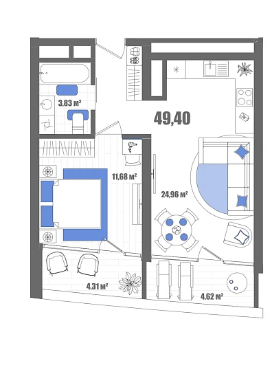 Апартаменты 1-комн. 49.4 кв. м