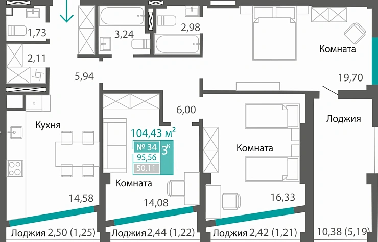 Квартира 3-комн. 95.56 кв.м