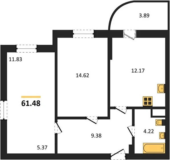 Апартаменты 2-комн. 61.48 кв. м