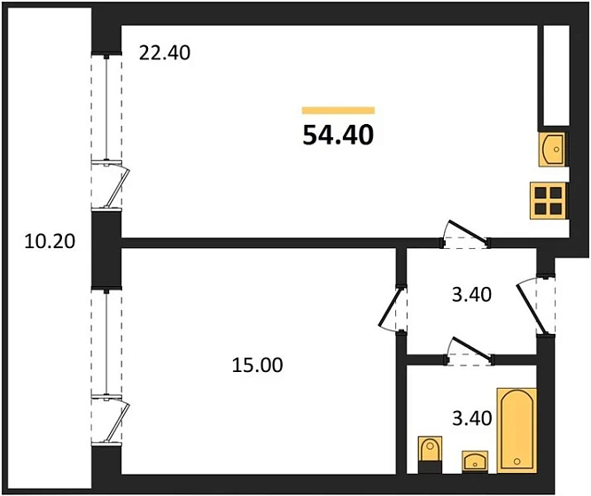 Апартаменты 1-комн. 54.4 кв. м