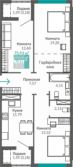 Квартира 3-комн. 75.93 кв.м
