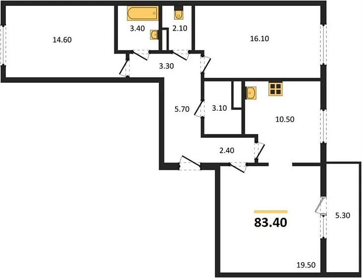 Квартира 3-комн. 83.4 кв. м