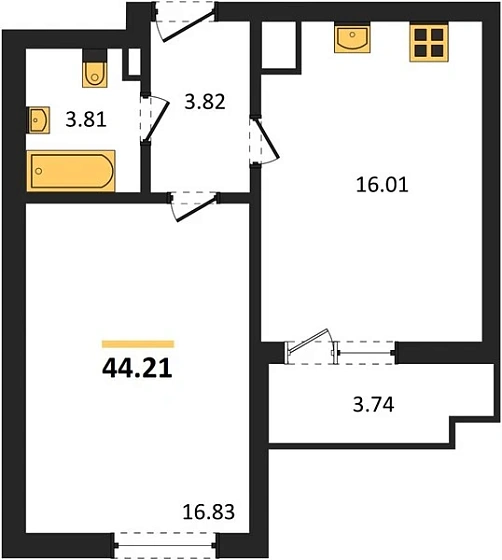 Квартира 1-комн. 44.21 кв. м