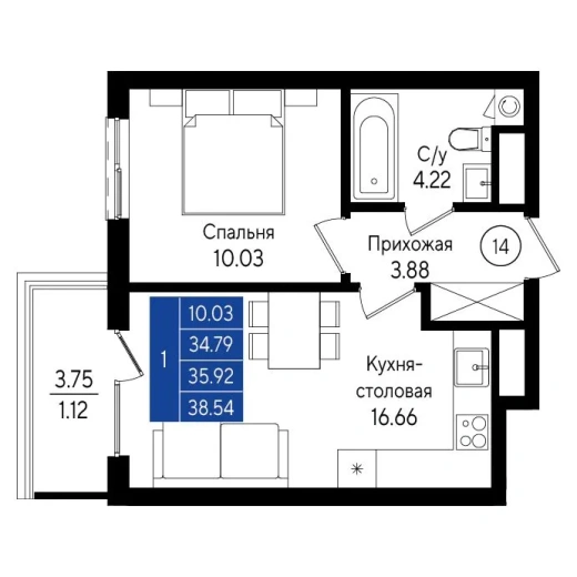 Квартира 1-комн. 35.91 кв. м