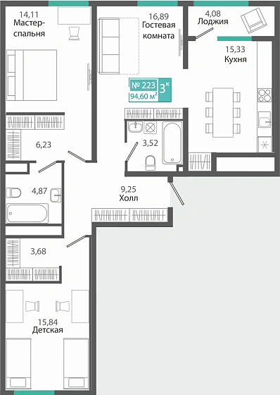 Квартира 3-комн. 94.6 кв.м