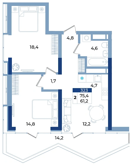 Апартаменты 2-комн. 75.4 кв.м