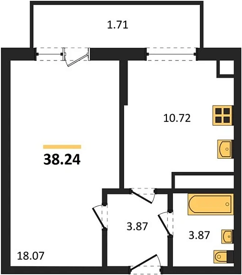 Квартира 1-комн. 38.55 кв. м