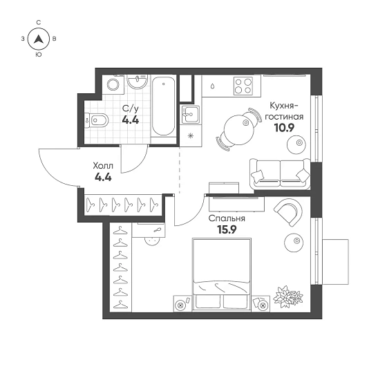 Квартира 1-комн. 35.6 кв. м