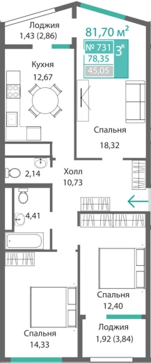 Квартира 3-комн. 78.35 кв.м