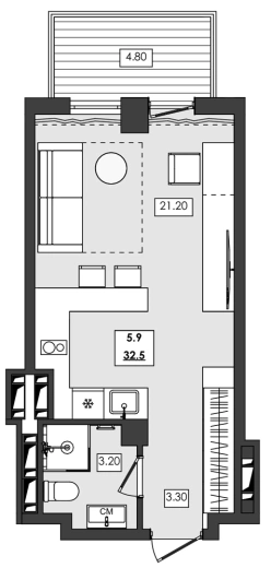 Апартаменты 1-комн. 32.5 кв. м