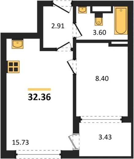 Квартира 1-комн. 32.36 кв. м