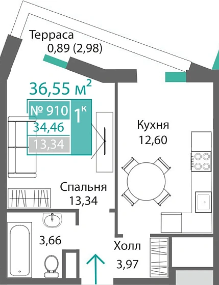 Квартира 1-комн. 34.46 кв.м