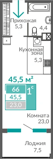Апартаменты 1-комн. 45.5 кв.м