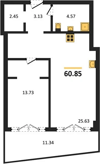 Апартаменты 1-комн. 60.47 кв. м